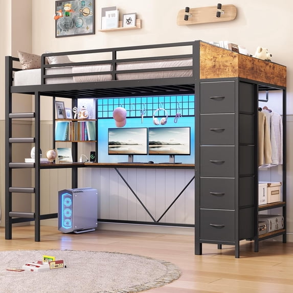 AOGLLATI Loft Bed Twin Size with Hall Tree and Charging Station, Black