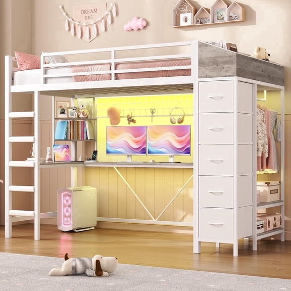 Twin Loft Bed with L-Shaped Desk and LED Lights, Metal Loft Bed Frame with 5 Storage Drawers, Hall Tree & Charging Station, Space-Saving Twin Size Bed with Ladder for Teens