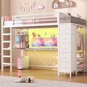 Twin Loft Bed with L-Shaped Desk and LED Lights, Metal Loft Bed Frame with 5 Storage Drawers, Hall Tree & Charging Station, Space-Saving Twin Size Bed with Ladder for Teens