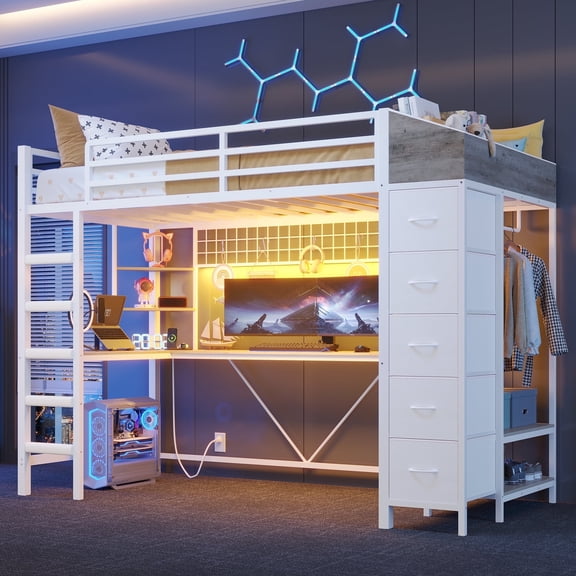 AOGLLATI Loft Bed with Hall Tree, Charging Station, LED Lights and 5 Storage Drawers, Twin Size, White