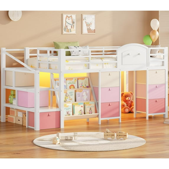 Low Loft Bed with Storage Stairs Drawers & Bookshelf, LED Metal Bed Frame with Charging Station and Under bed Storage White& Pink