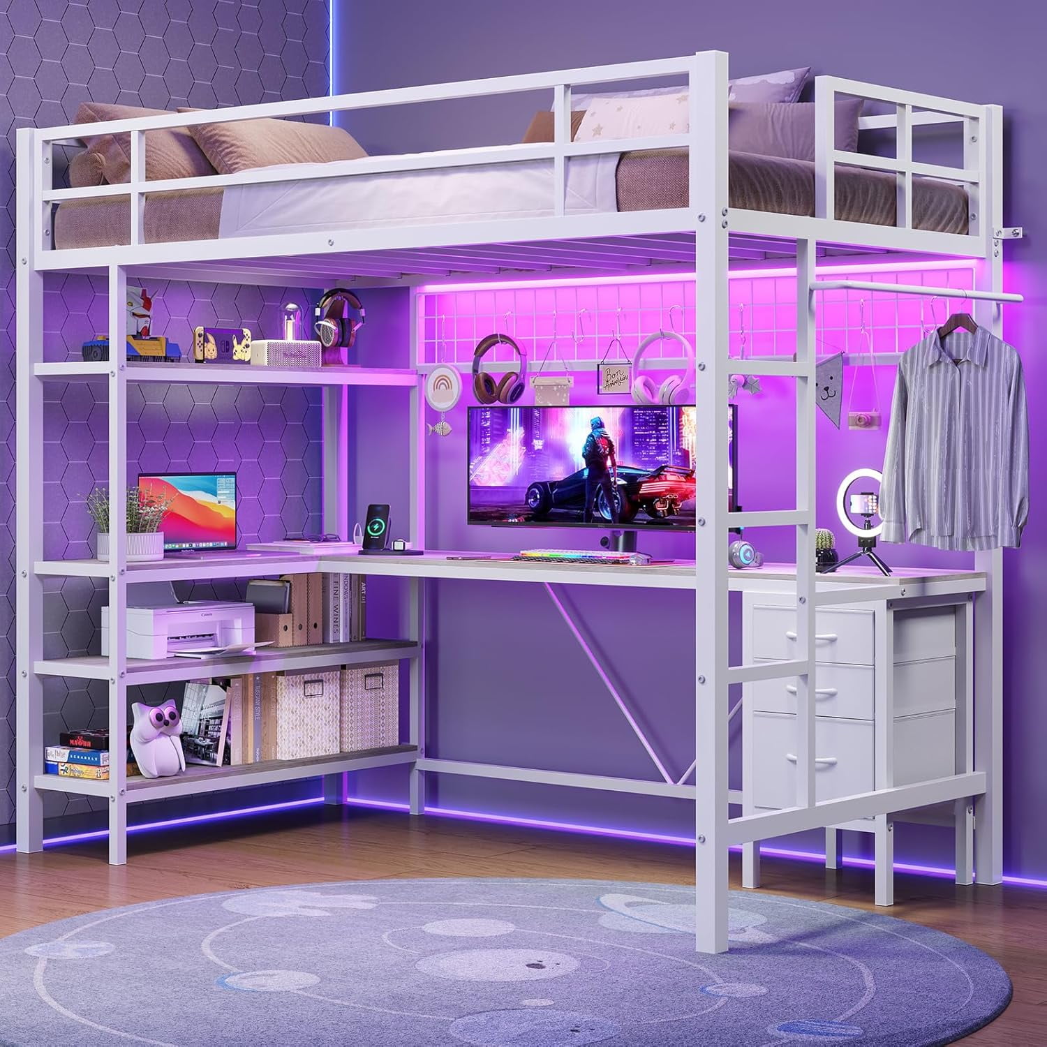 AOGLLATI Loft Bed Twin Size with L-Shaped Desk and Storage Shelves ...