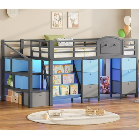 Low Loft Bed with Storage Stairs Drawers & Bookshelf, LED Metal Bed Frame with Charging Station and Under bed Storage Blue& Black