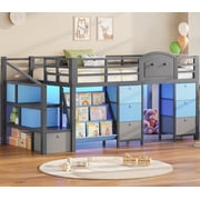 Low Loft Bed with Storage Stairs Drawers & Bookshelf, LED Metal Bed Frame with Charging Station and Under bed Storage Blue& Black