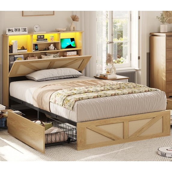 AOGLLATI Twin Bed Frame with Storage Drawers, LED Lights & Charging ...