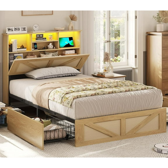 AOGLLATI Twin Size Bed Frame with Storage Drawers – Boho Platform Bed with LED Lights & Charging Station