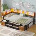 thumbnail image 1 of AOGLLATI Twin Size Daybed with 6 Drawers & Bookcase Storage - 14 Inch Metal Platform Bed with Charging Station & LED Lights, Black & Vintage Brown, 1 of 9