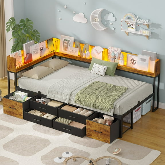 AOGLLATI Twin Size Daybed with 6 Drawers & Bookcase Storage - 14 Inch Metal Platform Bed with Charging Station & LED Lights, Black & Vintage Brown