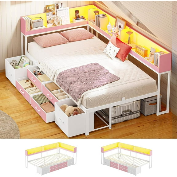 AOGLLATI Twin Size Daybed Frame with 6 Drawers & Bookcase Storage - Metal Platform Daybed with Charging Station & LED Lights, Pink