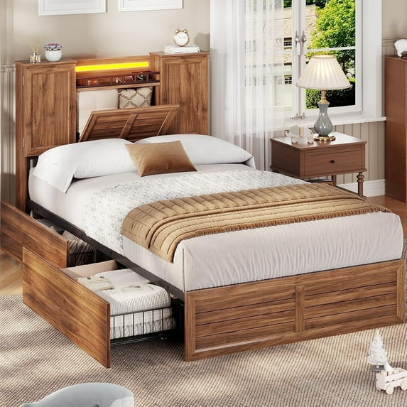 AOGLLATI Twin Size Farmhouse Bed Frame with Barn Door Storage Headboard & 4 Drawers LED Rustic Brown Wood Platform Bed, No Box Spring Needed