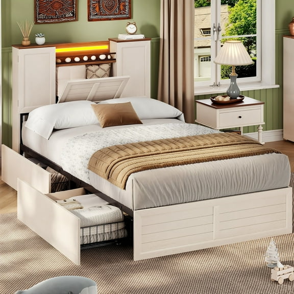 AOGLLATI Farmhouse Bed Twin Size with Barn Door Storage Cabinets & 4 Drawers LED White Wood Platform Bed, No Box Spring Needed