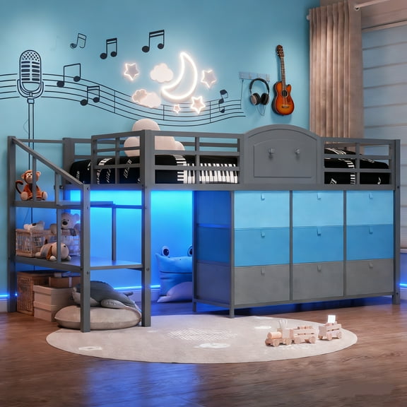 AOGLLATI Twin Size Low Loft Bed with 9 Storage Drawers and Under-Bed Hideaway, Metal Loft Bed with Storage Shelf and LED Lights Grey