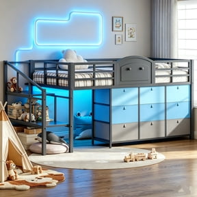 AOGLLATI Twin Size Low Loft Bed with 9 Storage Drawers and Under-Bed Hideaway, Metal Loft Bed with Storage Shelf and LED Lights Grey