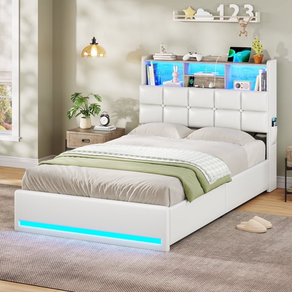 AOGLLATI Twin Size 4 Drawers Upholstered Bookcase Storage Bed with Charging Station and RGB LED Lights, White Twin Platform Bed Frame,No Box Spring Needed