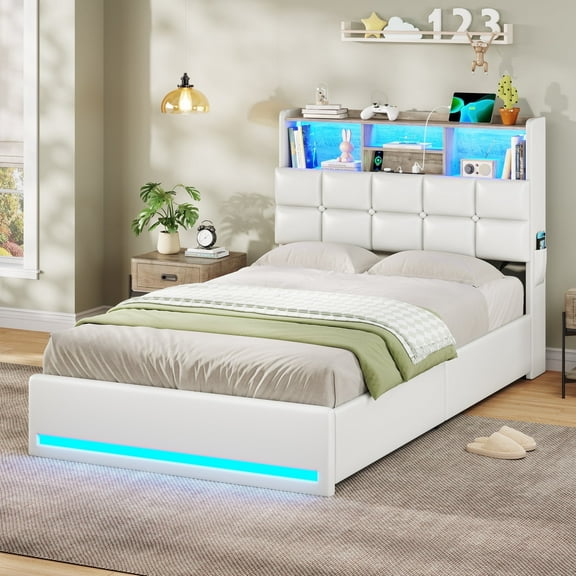 AOGLLATI Twin Size 4 Drawers Upholstered Bookcase Storage Bed with Charging Station and RGB LED Lights, White Twin Platform Bed Frame,No Box Spring Needed