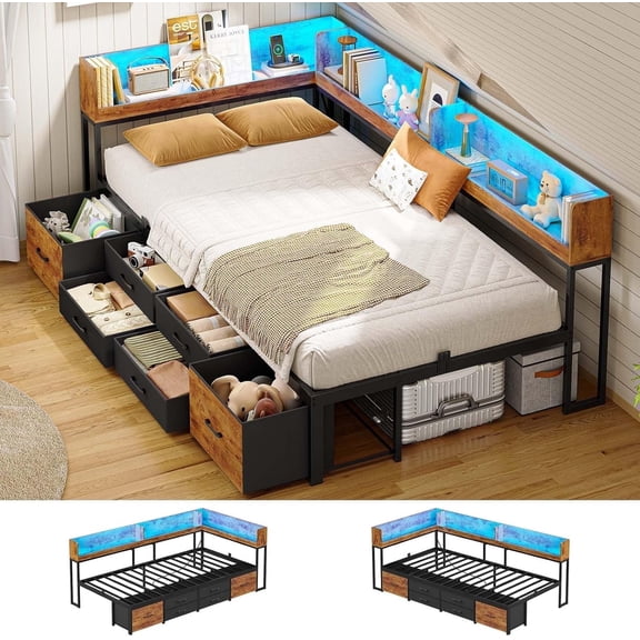 AOGLLATI Twin XL Daybed Frame with 6 Drawers & Bookcase Storage - 14 Inch Metal Platform Daybed with Charging Station & LED Lights, Brown
