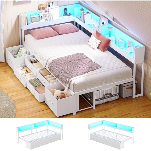 AOGLLATI Twin XL Daybed Frame with 6 Drawers & Bookcase Storage - 14 Inch Metal Platform Daybed with Charging Station & LED Lights, White