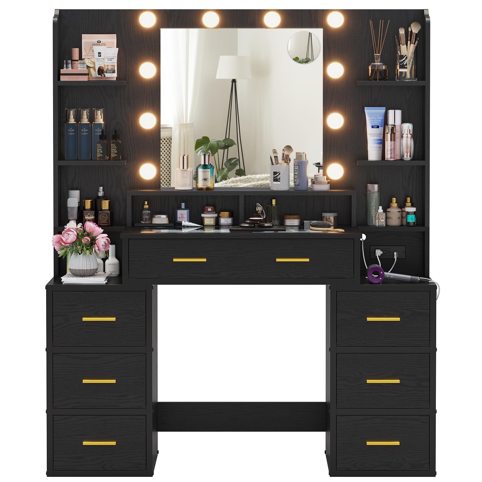 AOGLLATI Black Beauty LED Hollywood Vanity Desk with Mirror, Charging