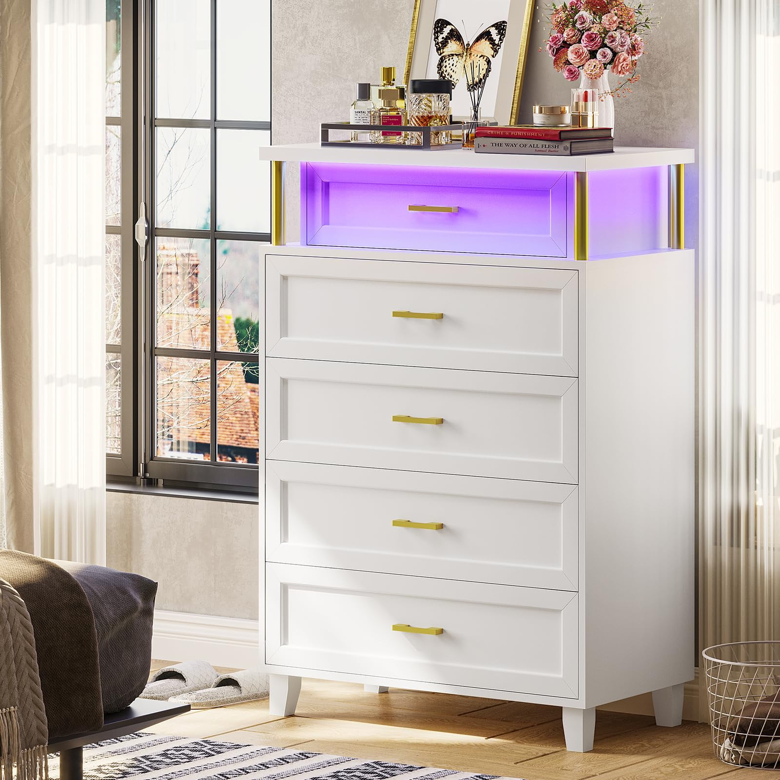 AOGLLATI White Dresser for Bedroom with 5 Drawers,Tall Dresser with Led