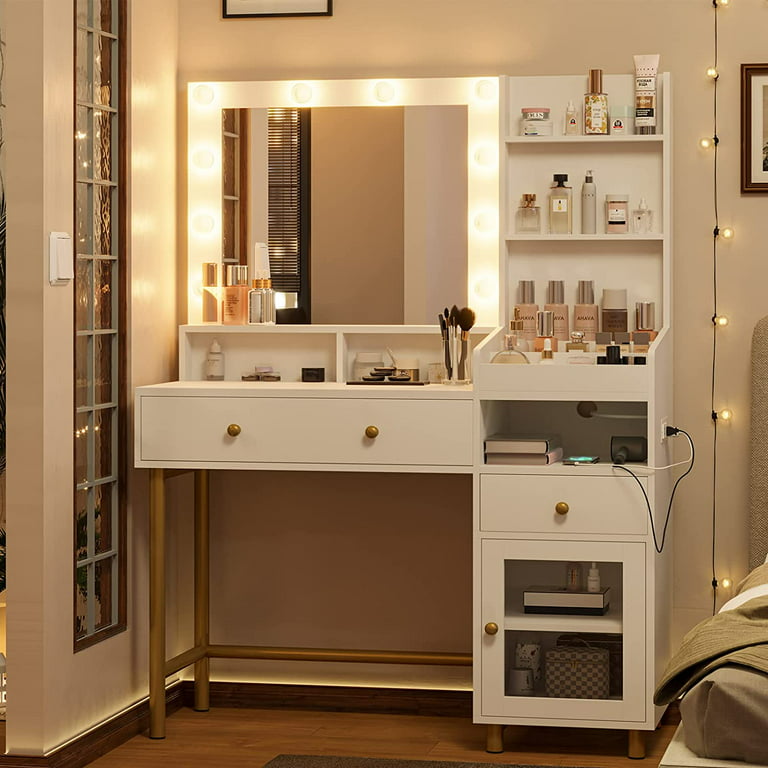 Støjende symptom Spædbarn AOGLLATI White Vanity Desk with Mirror and Lights in 3 Colors, Vanity Table  with Charging Station, Makeup Desk with Storage Cabinet - Walmart.com