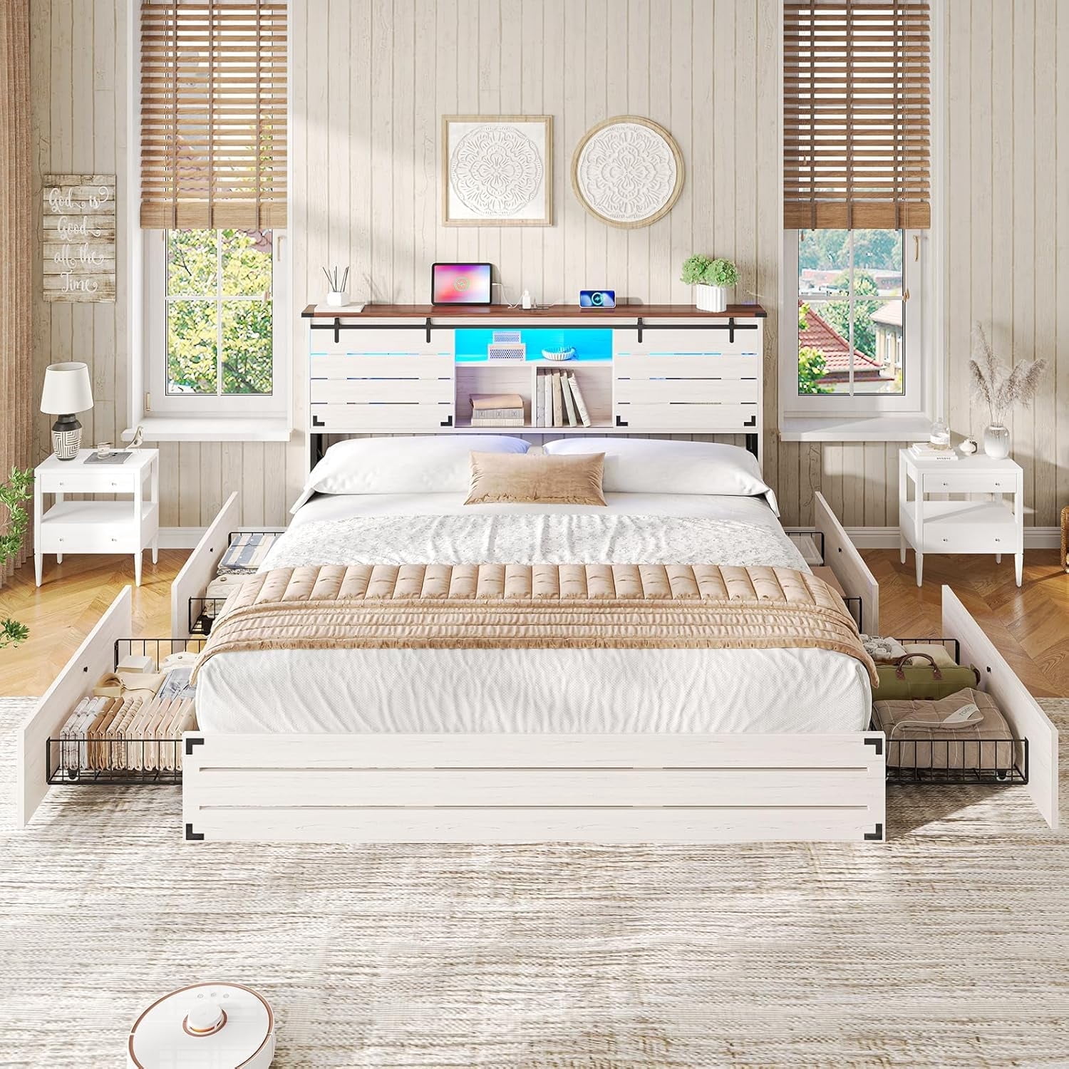 AOGLLATI Wooden Bed Frame King Size with Bookcase Headboard and Sliding Barn Door, Farmhouse King Beds with Charging Station, LED Lights and 4 Storage Drawers, No Box Spring Needed, Gray