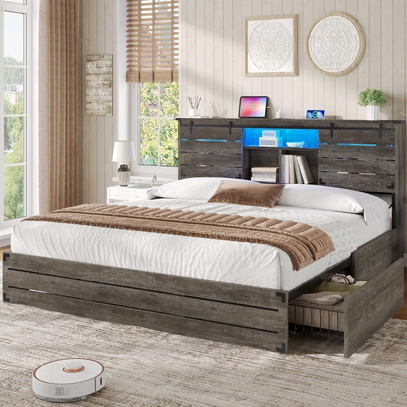 AOGLLATI Wooden Bed Frame King Size with Bookcase Headboard and Sliding Barn Door, Farmhouse King Beds with Charging Station, LED Lights and 4 Storage Drawers, No Box Spring Needed, Gray