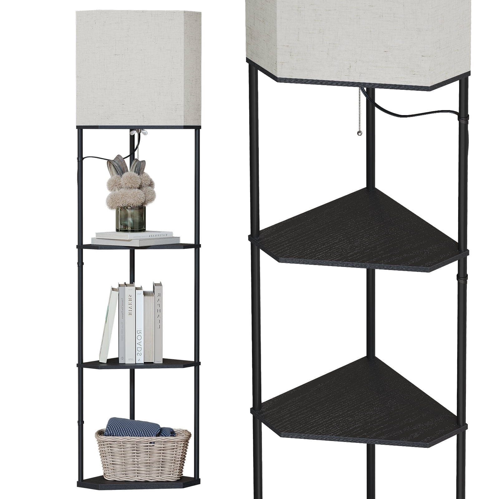 AOHAO 63” Modern Multi-functional Black LED Floor Lamp with Beige Fabric shade