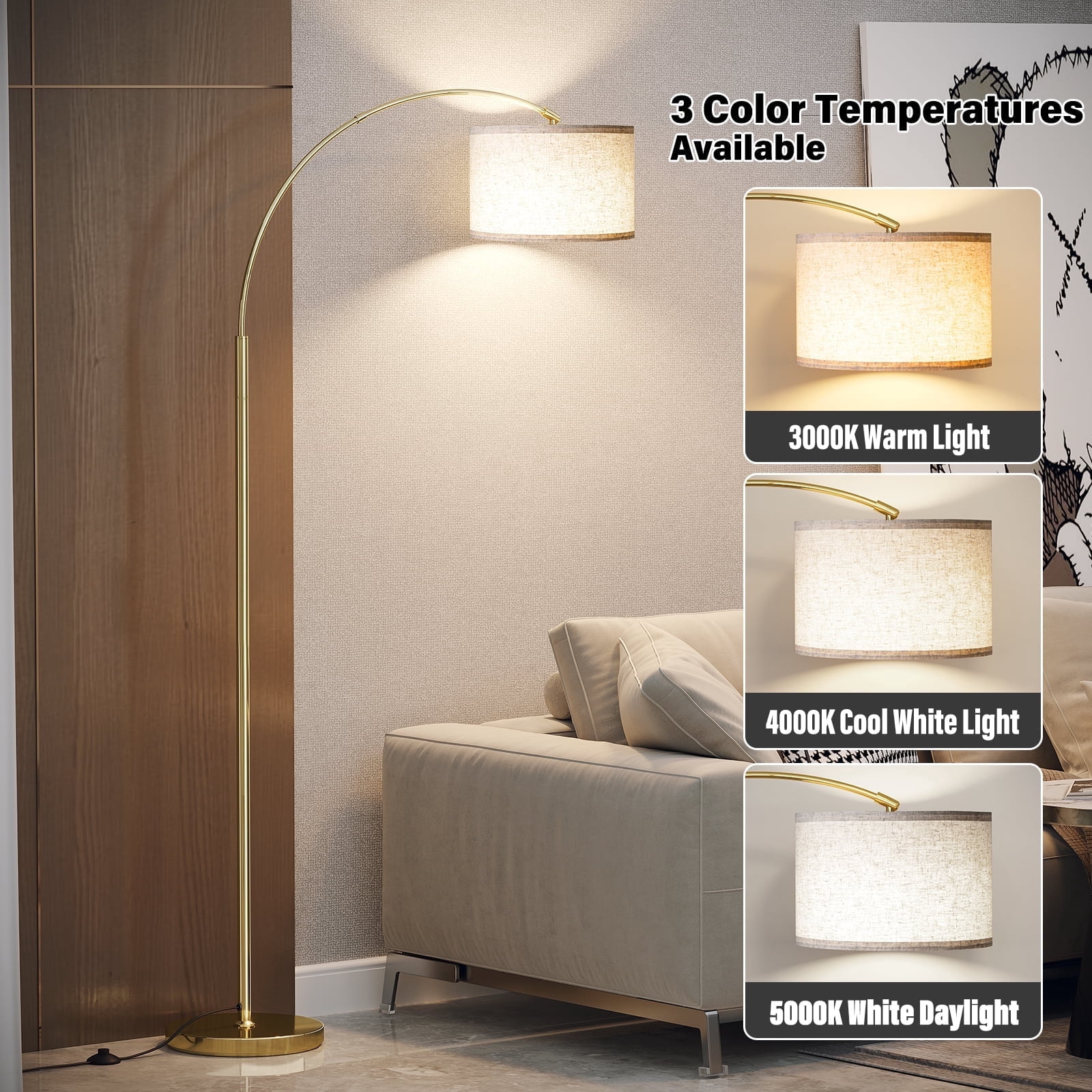 SUNMORY Arc Floor Lamp with Foot Switch, 3 Color Temperature, 9w A19 LED Bulb included, 75″Height Tall Lamp with Hanging Drum Shade, Arched Standing Lamp for Bedroom, Living Room, Office(Gold)
