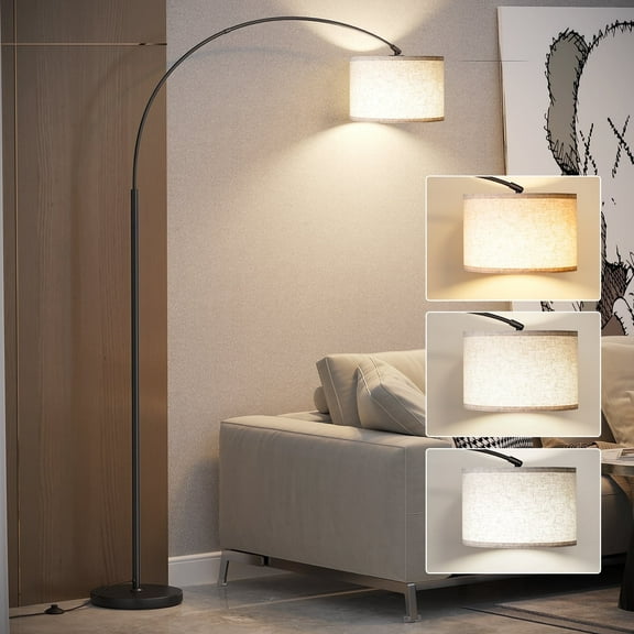 SUNMORY 75″ Arc/Arched Floor Lamp, Modern Floor Lamp with 9w LED Bulb & 3 Color Temperature, Tall Standing Lamps with Hanging Linen Drum Shade & Weighted Base for Bedroom, Living Room, Study Room