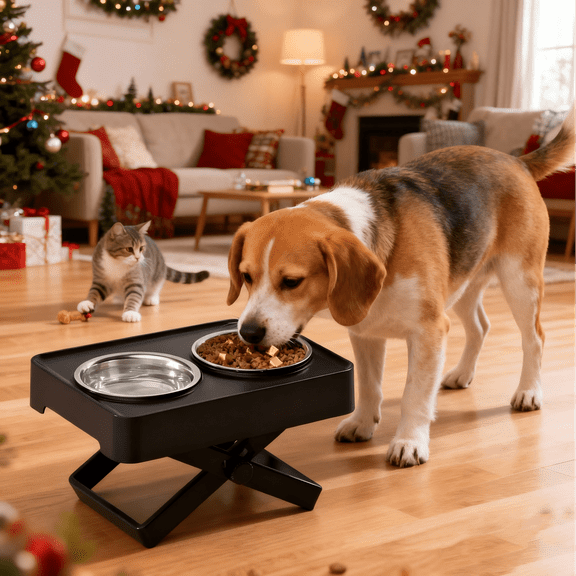 Adjustable Elevated Dog Feeding Station, Height - Adjustable (7 - 25cm) with Food Grade Stainless Steel Bowls, Tip - Resistant & Spill - Proof, Black/Gray Style, 1 Set