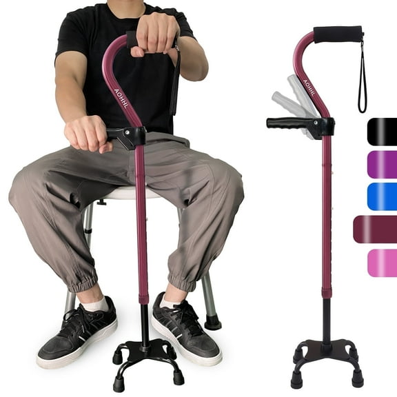 AOHHL Quad Walking Cane Foldable Adjustable Portable Stick Men & Women and Seniors - Lightweight & Sturdy with 4-Pronged Base for Extra Stability Balance,Self Standing Gifts for mom Dad