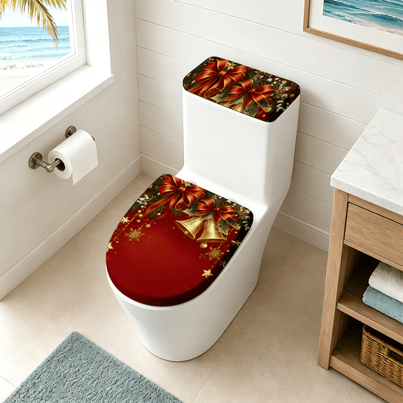 AOHMPT 2Pcs Christmas Toilet Seat Tank Cover Set, Reusable Washable Dustproof Toilet Lid Protector, Classic Xmas Pattern Decor for Home Bathroom Holiday Party
