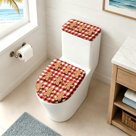 AOHMPT Christmas Set of 2 Red Buffalo Plaid Toilet Lid Tank Covers, Washable Dust Resistant Toilet Seat Cover, Classic Xmas Check Snowflake Pattern Bathroom Decor