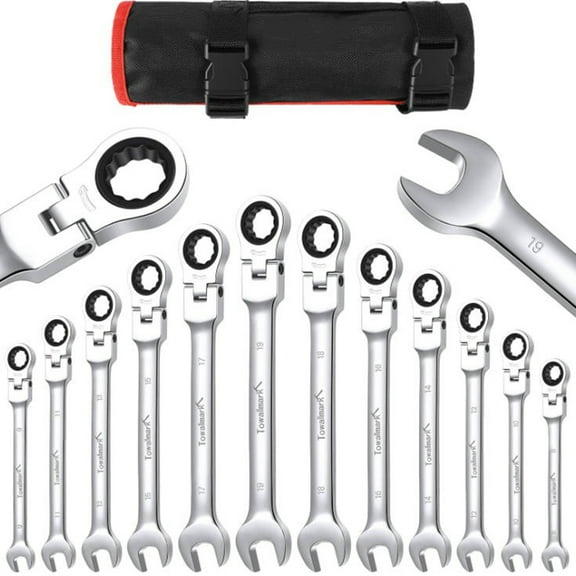 AOILE 12 Pieces Flex-Head Wrench Set, 72-Teeth Metric 8-19mm Cr-V Steel Ratcheting Combination Set with Storage Bag for Home/Car/Bike