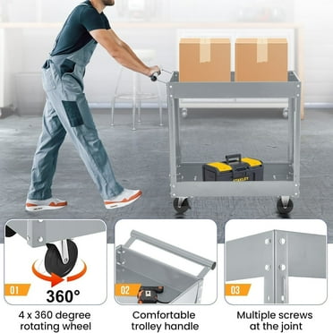 AOILE 2-Tier Metal Tool Cart with Wheels, 330 lbs Capacity, Pegboard & Hooks, Heavy-Duty Utility Cart