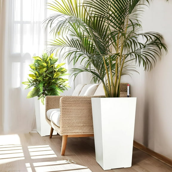 AOILE 22" Tall Planters Set of 2, Self-Watering Outdoor & Indoor Flower Pots with Drainage Holes, Water Level Monitor & Wheels - Modern High Front Porch Planters