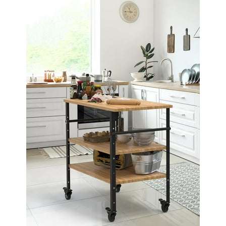 AOILE 33" Outdoor Pizza Oven Table with Wheels - Bamboo & Acacia Wood BBQ Grill Cart, 3-Shelf Prep Table with Wine Rack, 600LBS Capacity - Brown