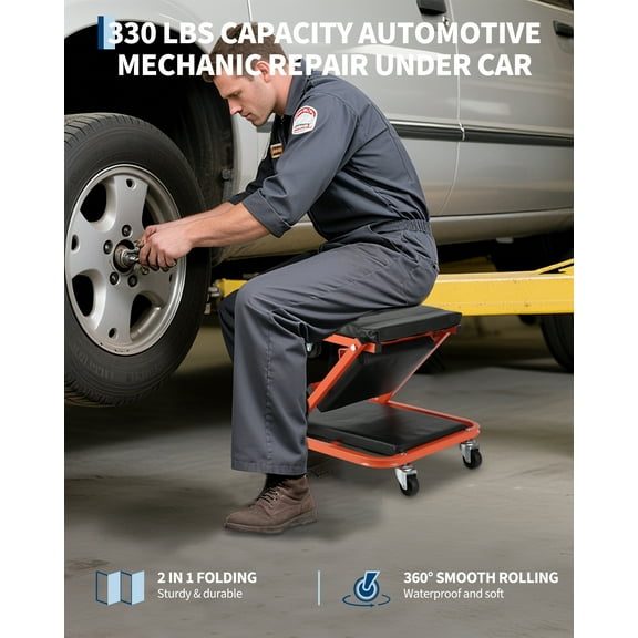 AOILE 36" Z-Creeper Seat on Wheels, 2-in-1 Foldable Garage Creeper Shop Seat, 330 LBS Capacity Rolling Mechanic Stool with 6 Swivel Casters, Adjustable Under Car Repair Chair
