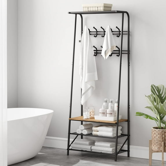 AOILE 4-in-1 Entryway Hall Tree with Coat Rack, Shoe Bench & Hooks, Industrial Metal Frame Organizer