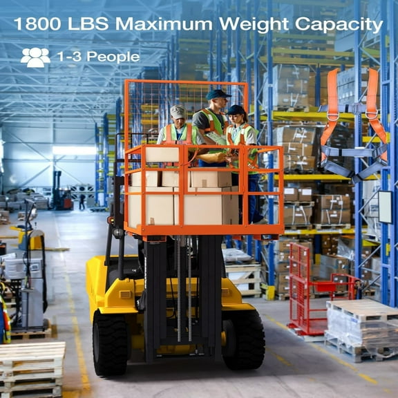 AOILE 45" x 43" Forklift Safety Cage | Heavy Duty Steel Man Basket with 2200lbs Capacity | Foldable Work Platform with Guardrails, Safety Harness, and Wheels for Aerial Work