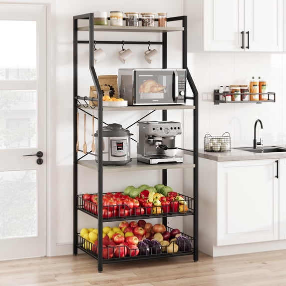 AOILE 5-Tier Kitchen Baker's Rack – Microwave Oven Stand with 2 Wire Baskets, Coffee Bar Station, Utility Storage Shelf with 8 Hooks for Spices & Pots