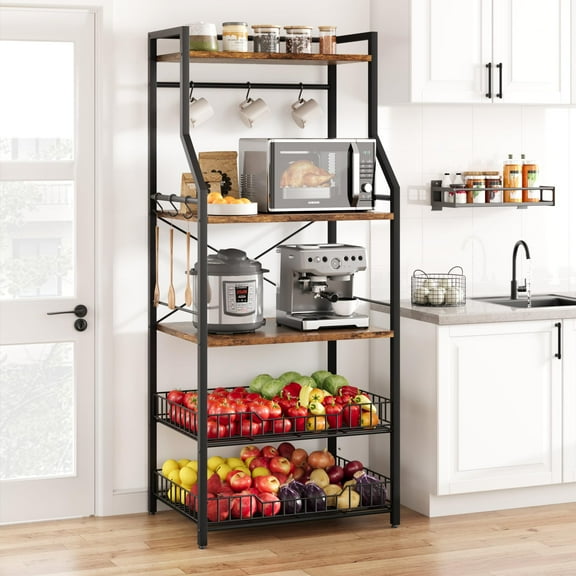 AOILE 5-Tier Kitchen Baker's Rack – Microwave Oven Stand with 2 Wire Baskets, Coffee Bar Station, Utility Storage Shelf with 8 Hooks for Spices & Pots