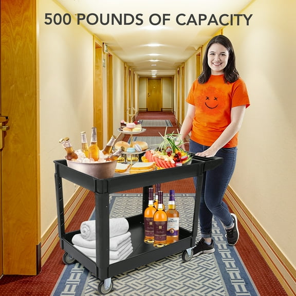 AOILE 500-lb Capacity Utility Service Cart – 45” x 25”, Black, PP Rolling Cart with Two Trays & Brake Wheels, Ideal for Warehouse, Garage, Cleaning, Manufacturing