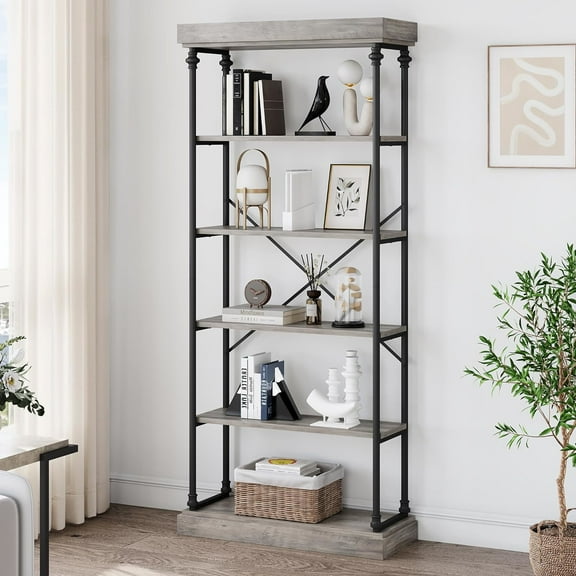 AOILE 6-Tier Industrial Bookshelf with Roman Column Design – Tall Vintage Bookcase with Wood Shelves for Living Room, Office, or Study