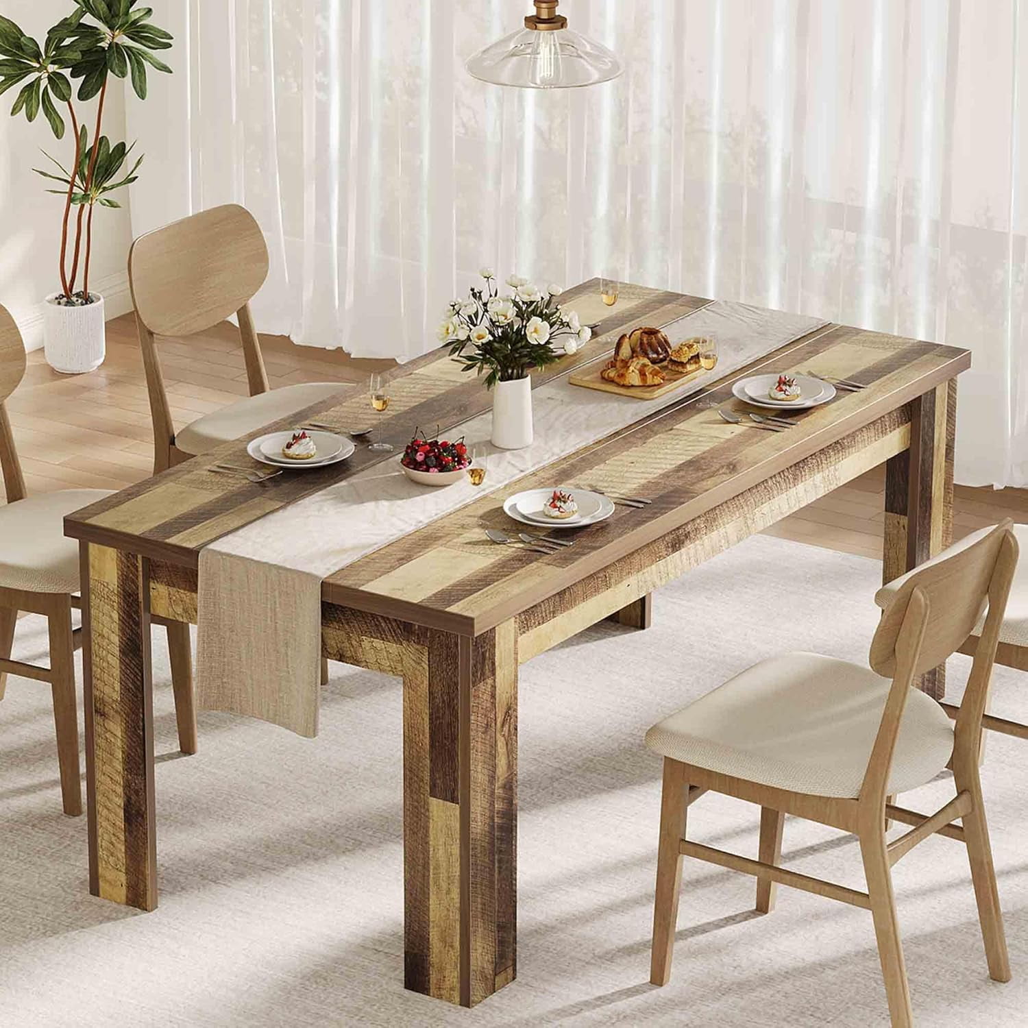 AOILE 63" Rectangular Dining Table for 4–6, Farmhouse Kitchen Table, Wood Dinner Table, Rustic Brown/Gray