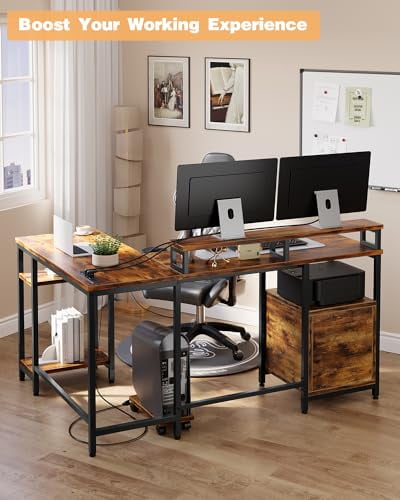 Rustic Brown L-Shaped Gaming Desk with Power Outlet and File Drawer