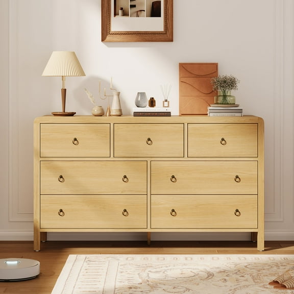 AOILE 7 Drawer Dresser, 54 Inch Wide Wood Chest of Drawers with Metal Handles, Bedroom Storage Organizer and TV Stand for Living Room or Hallway