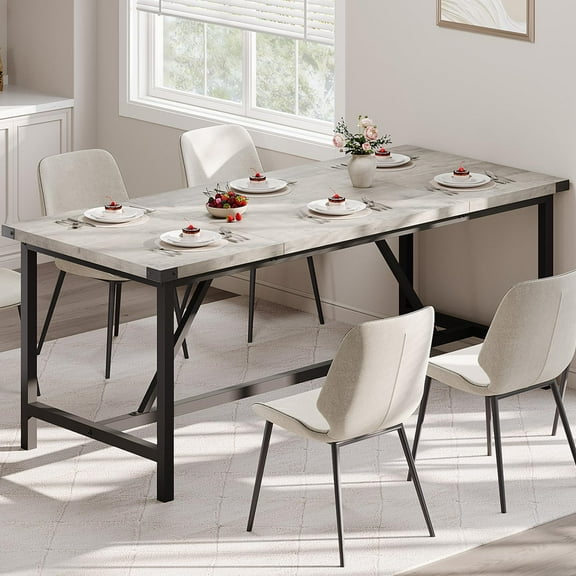 AOILE 71" Farmhouse Dining Table for 6-8, Heavy Duty Rectangular Kitchen Table with Metal Legs, Retro Gray/Brown - Rustic Modern Style for Family, Apartment, Dinette