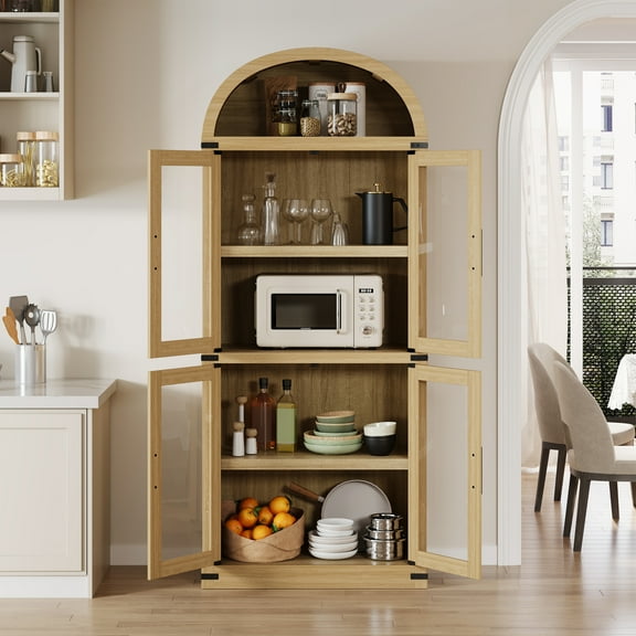 AOILE 71" Kitchen Pantry Cabinet, Arched Bookcase Pantry Storage Cabinet with Doors and Shelves, 5-Tier Wood Cupboard for Dining Room, Kitchen, Living Room