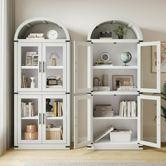 AOILE 72" Tall Arched Farmhouse Bookcase with Doors, Wooden Display Cabinet with Storage Shelves